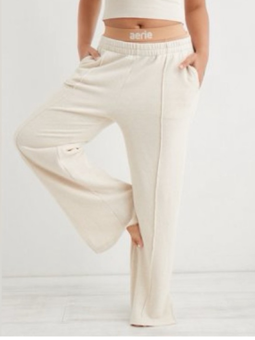 Aerie Cream Street Skater Pants Wide Leg Lounge Pants W/ Elastic Waistband